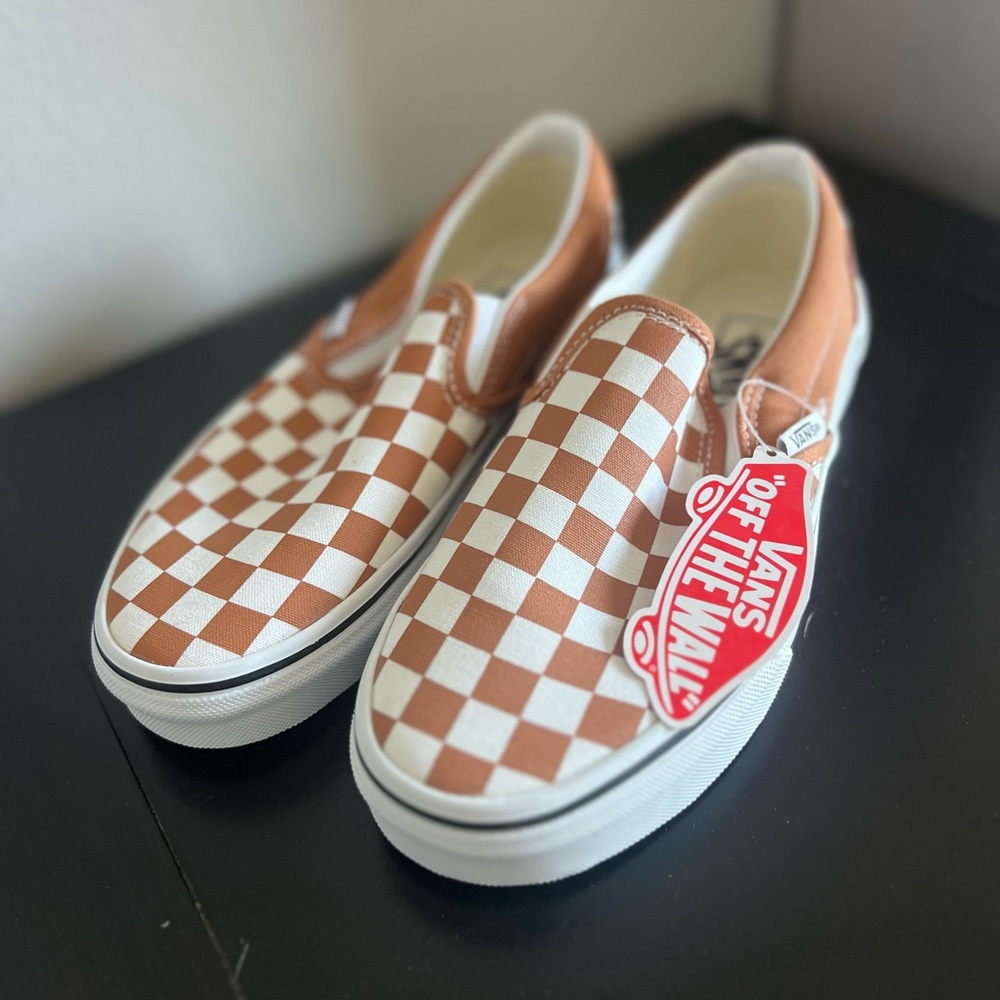 Vans Women’s Brown and White Checkerboard Slip-On Sneakers